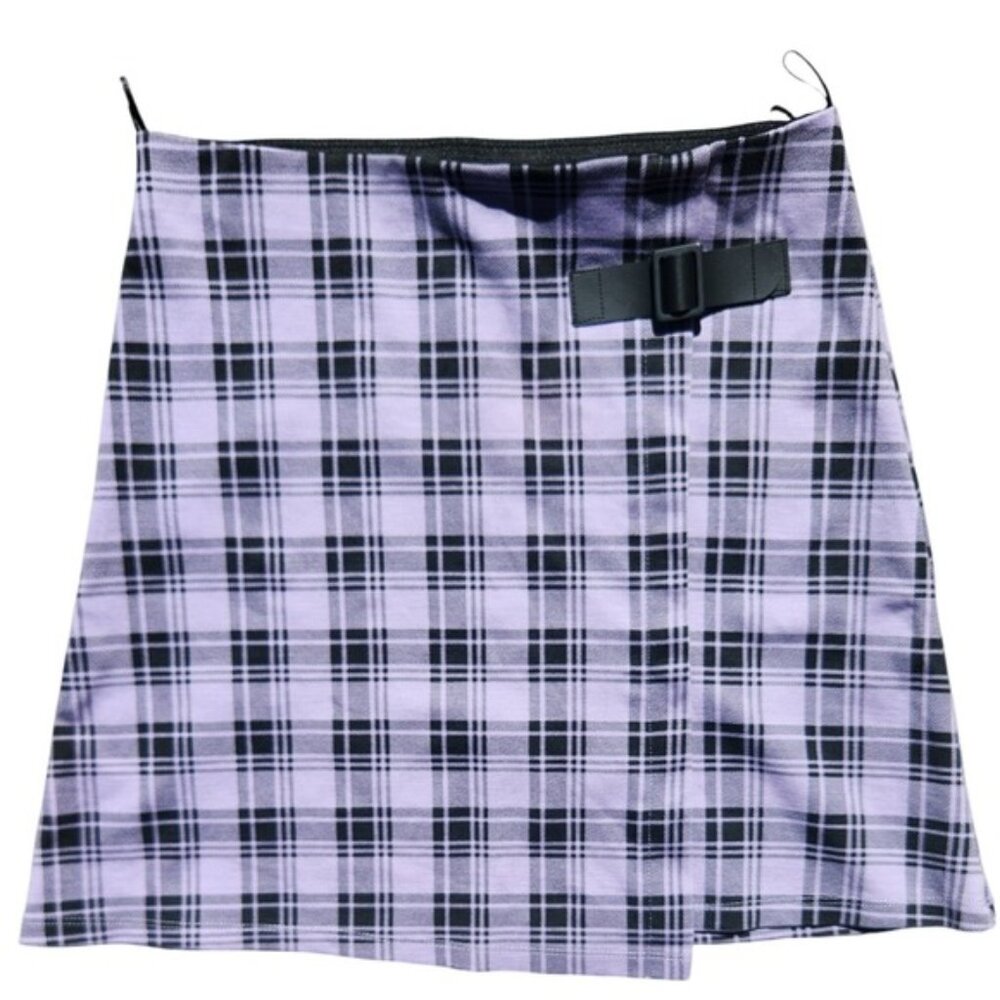 Kawaii Hello Kitty and Friends Plaid Mini Skirt Purple Black Buckle Detail Y2K